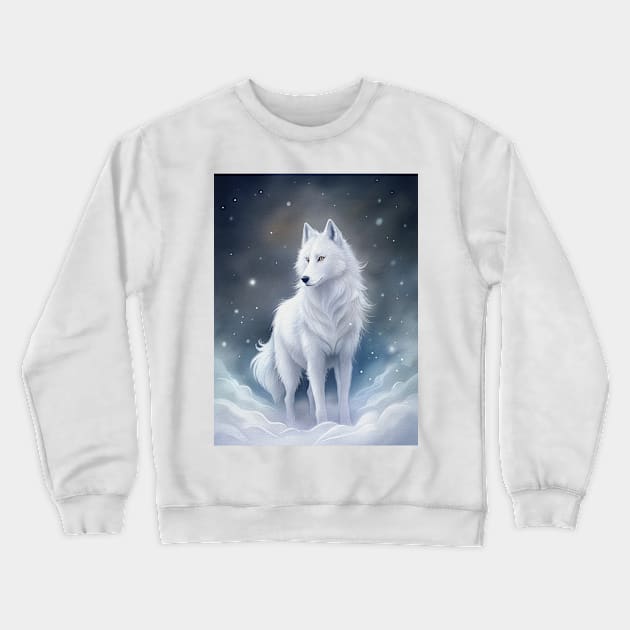 Funny White Wolf Hunting Ground, Winter Mountain Icy Moon, Forest, Galaxy Beautiful gifts Novelty Wild Animal landscape Fashion Watercolor Crewneck Sweatshirt by sofiartmedia